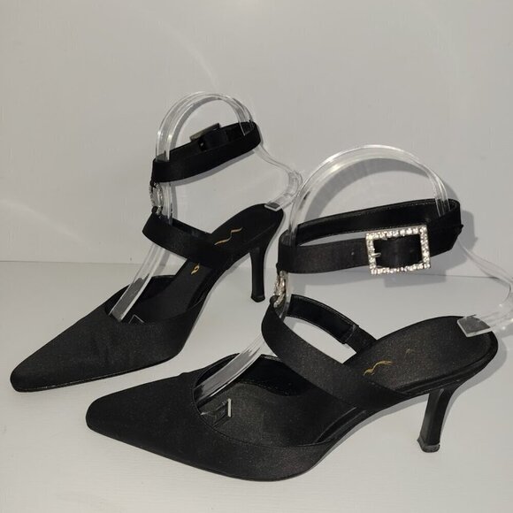 Nina Black Sateen Ankle Strap Heels W/Rhinestone Embellishment Women's Size 6.5 - Picture 2 of 13
